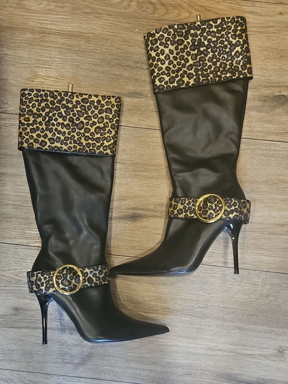 Colin Stuart Black and Gold Leopard Tall Stiletto Boots Sz 6 As New!